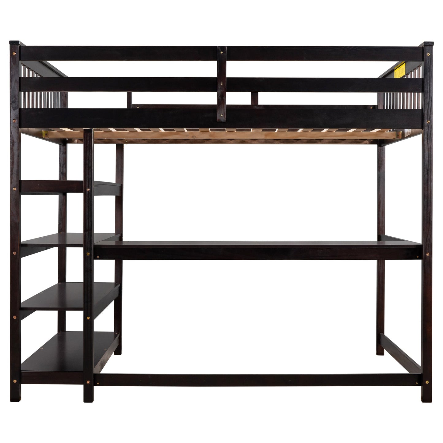 Espresso Full Size Loft Bed with Storage Shelves and Under-bed Desk, Solid Pi...