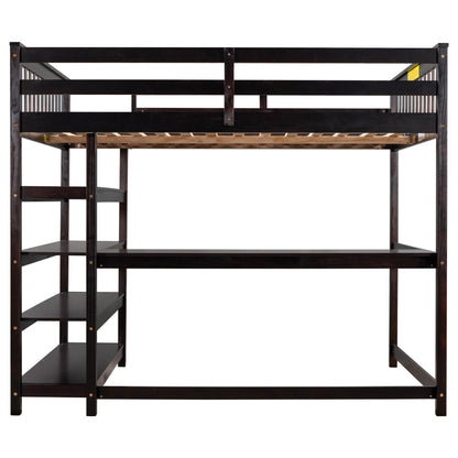 Espresso Full Size Loft Bed with Storage Shelves and Under-bed Desk, Solid Pi...