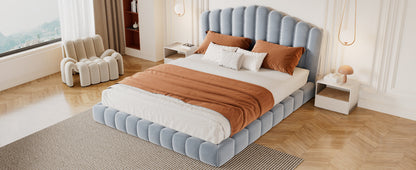 Velvet Upholstered Queen Bed Frame with Shell-Shaped Headboard, Light Blue
