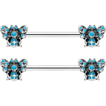 14G 9/16 Textured Blue Butterfly Barbell Nipple Ring Set