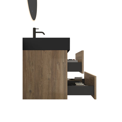 24' Floating Bathroom Vanity with Matte Black Quartz Sink and Oak Drawers