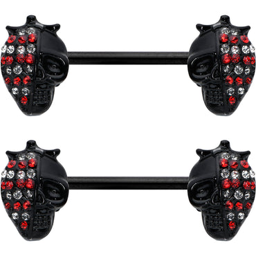 14G 9/16 Red Gem Black Skull Halloween Barbell Nipple Ring Set