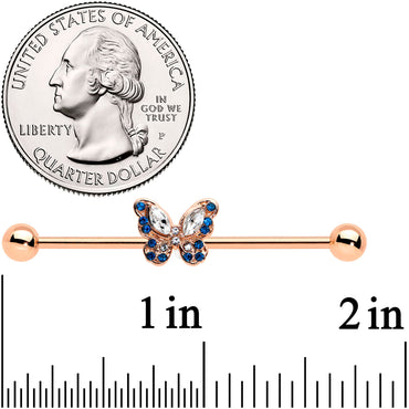 14G Blue Gem Rosy Tone Butterfly Wings Industrial Barbell 38mm
