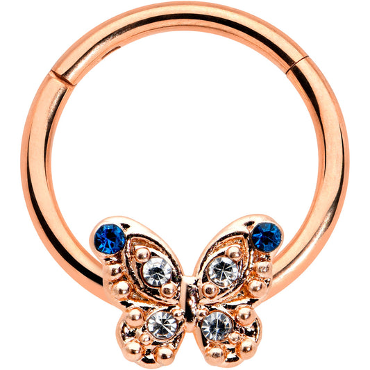16G 3/8 Blue Gem Rose Gold Tone Butterfly Hinged Segment Ring
