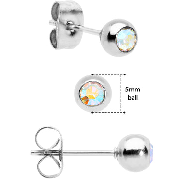3mm 4mm 5mm Aurora Gem Ball 316L Stainless Steel Stud Earrings 3 Pack