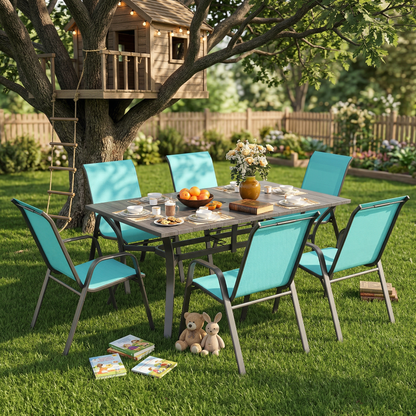 7 Piece Outdoor Dining Set Seats 6 Steel Wood Grain