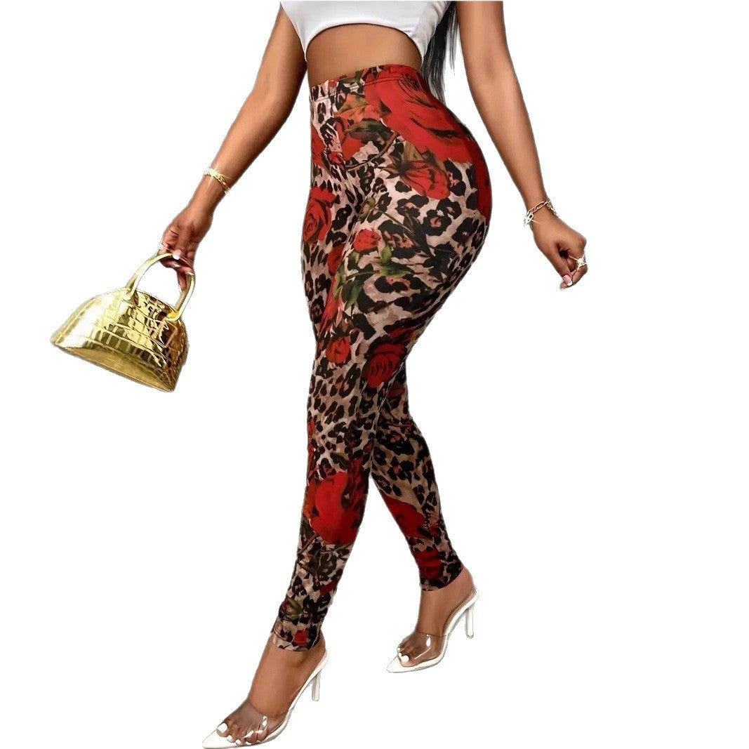 Womens Floral Print Stretchy Waist Leggings