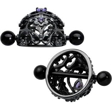 14G 9/16 Purple Gem Black Regal Crown Heart Nipple Shield Set