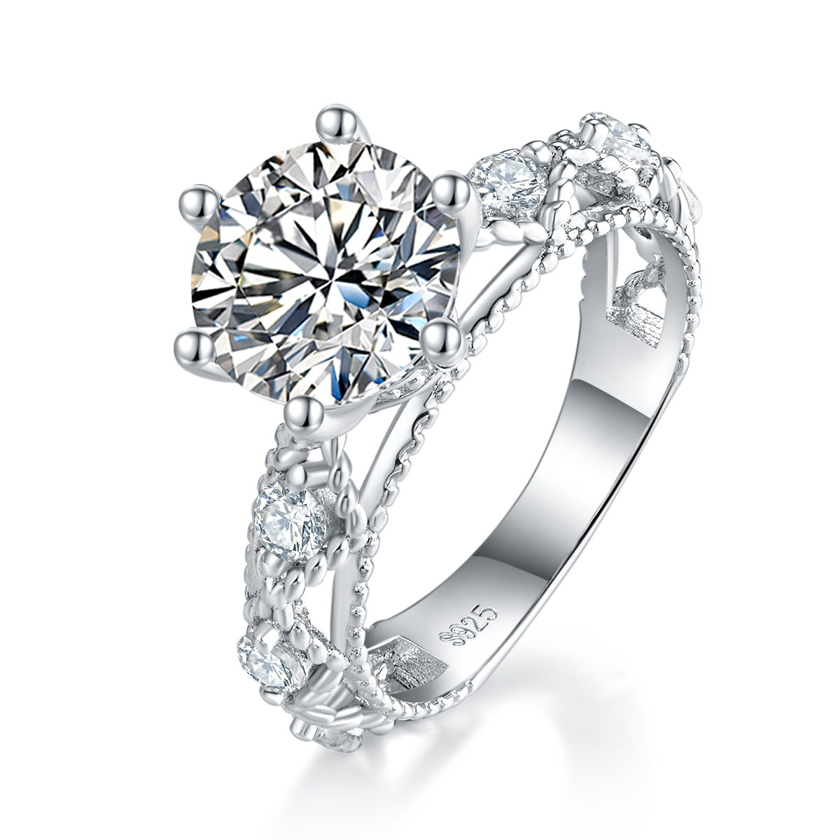 6-Prong 2 Carat Round Moissanite Engagement Ring, Split Shank S925 Silver Platinum Plated D Color VVS1 With GRA Certificate, US 5-9.