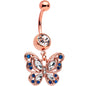Blue Clear Gem Rose Gold Tone Butterfly Wings Dangle Belly Ring