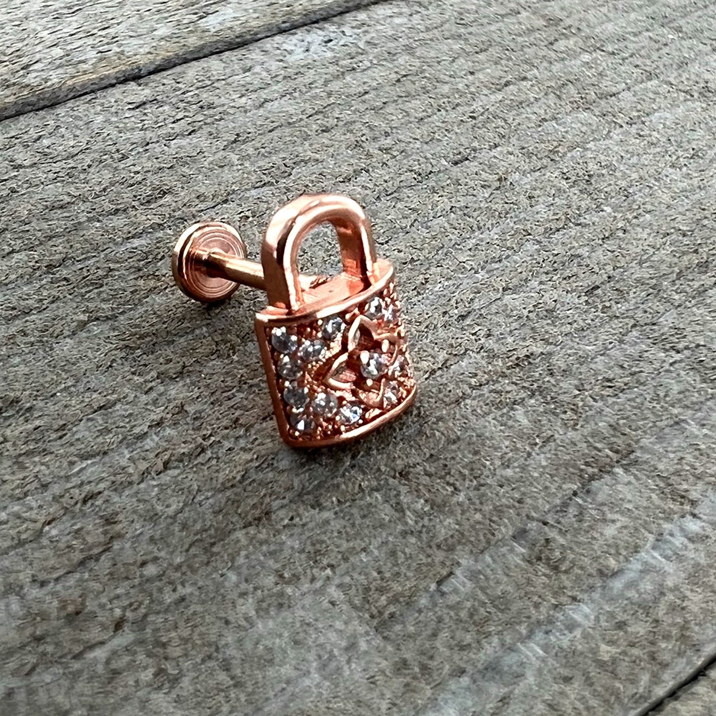 16G 5/16 Clear CZ Gem Rose Gold Tone Lock It Up Labret Tragus