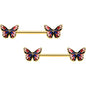 14G 5/8 Gold Tone Pink Blue Red Butterfly Barbell Nipple Ring Set