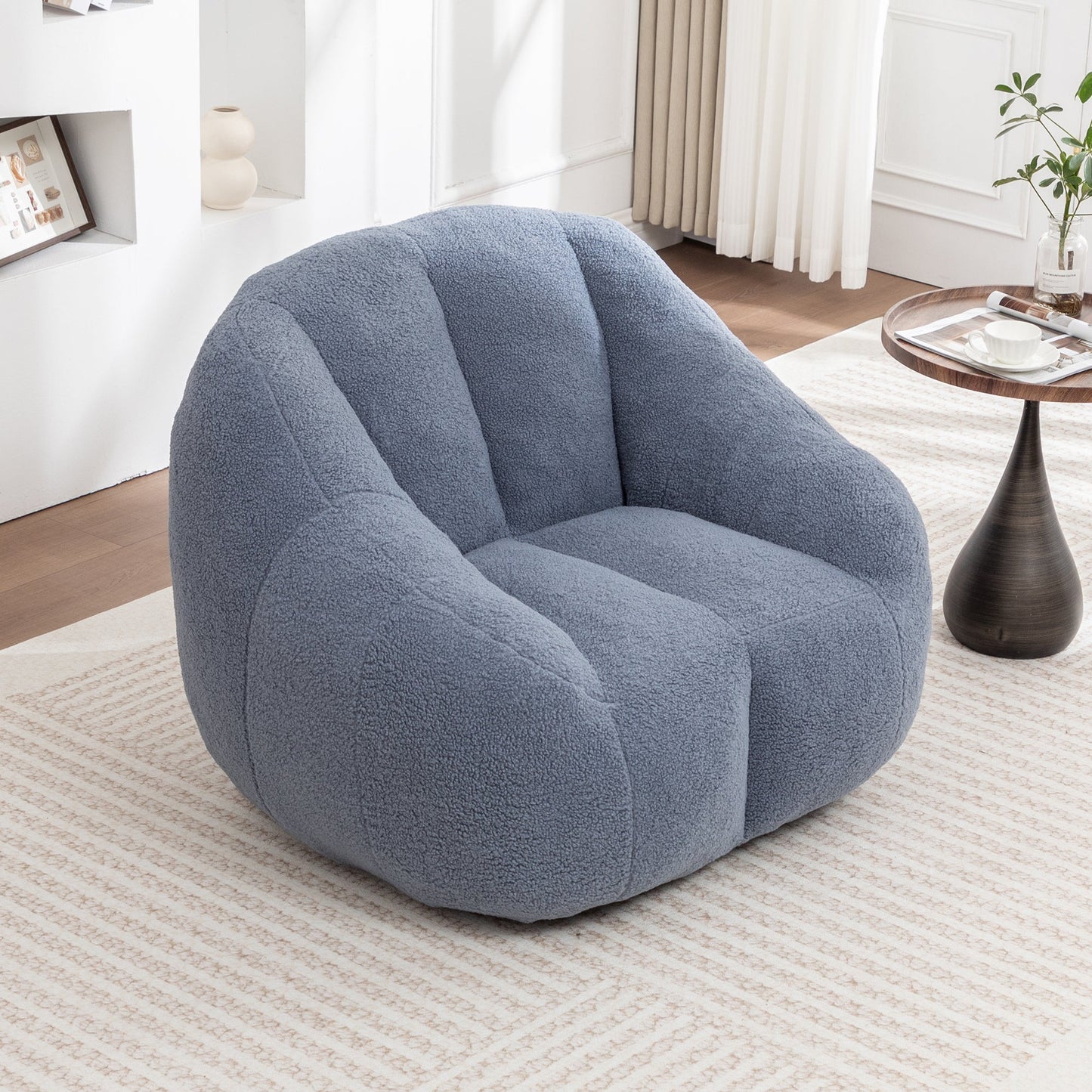 Bean Bag Chair Plush Faux Fur Light Blue Memory Foam Ergonomic Armrests 37.4 In