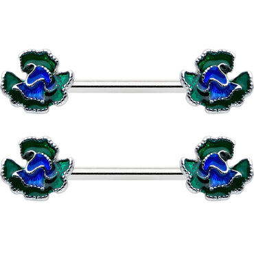 14G 9/16 Spring Flower Blue Green Barbell Nipple Ring Set