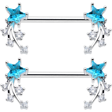14G 9/16 Blue Clear CZ Gem Shooting Star Barbell Nipple Ring Set