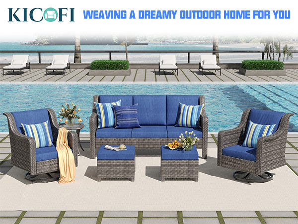 Outdoor Patio Set PE Rattan Swivel Chairs Gray Blue