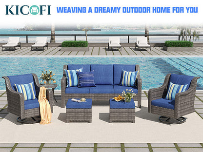 Outdoor Patio Set PE Rattan Swivel Chairs Gray Blue