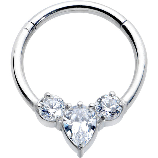 16G 3/8 Clear CZ Gem Triple Elegance Hinged Segment Ring