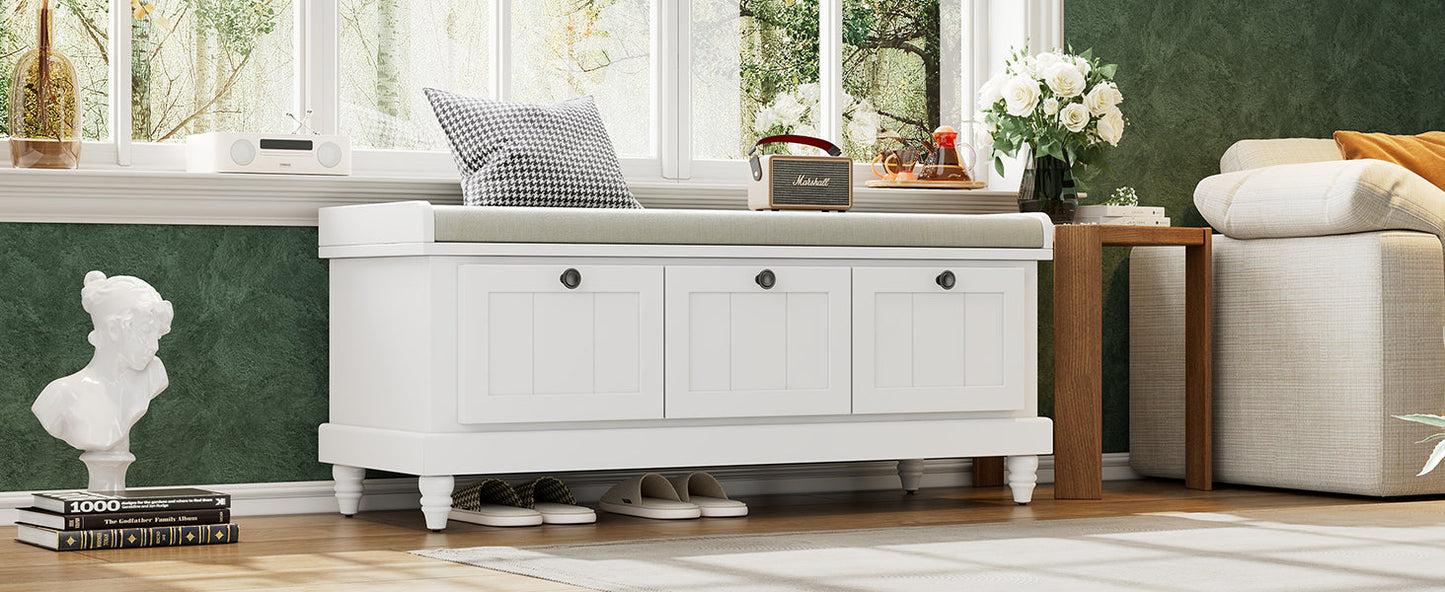 Entry Bench Fluted MDF White Cushioned Seat 3 Drawers 44x16x19