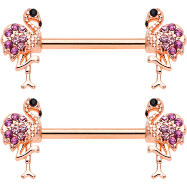 14G 9/16  Pink Gem Rose Gold Hue Fashion Flamingo Nipple Ring Set