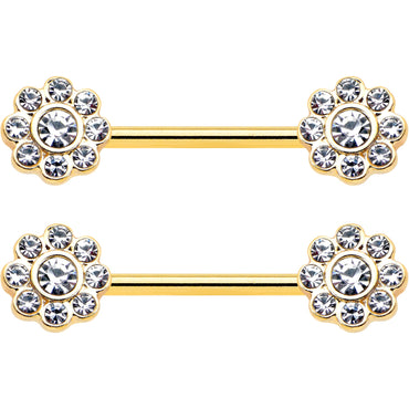 14G 9/16 Clear Gem Gold Tone Whimsy Flower Barbell Nipple Ring Set