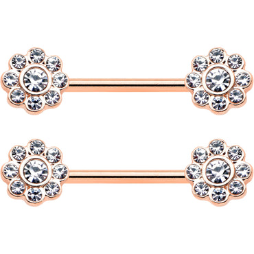 14G 9/16 Clear Gem Rosy Tone Whimsy Flower Barbell Nipple Ring Set