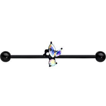 14G Aurora CZ Gem Black Fleur de Lis Butterfly Industrial Barbell 38mm