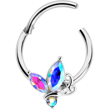 16G 3/8 Aurora CZ Gem Fleur de Lis Butterfly Hinged Segment Ring