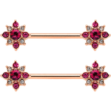 14G Red Gem Rose Gold Tone Rococo Star Barbell Nipple Ring Set