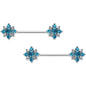 14G 9/16 Clear Blue Gem Opulent Flower Barbell Nipple Ring Set