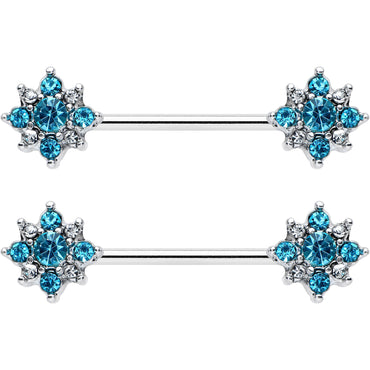 14G 9/16 Clear Blue Gem Opulent Flower Barbell Nipple Ring Set