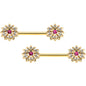 14G 9/16 Clear Pink Gem Gold Tone Starry Flower Nipple Ring Set