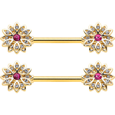 14G 9/16 Clear Pink Gem Gold Tone Starry Flower Nipple Ring Set
