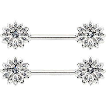 14G 9/16 Clear Gem Rococo Starry Flower Barbell Nipple Ring Set