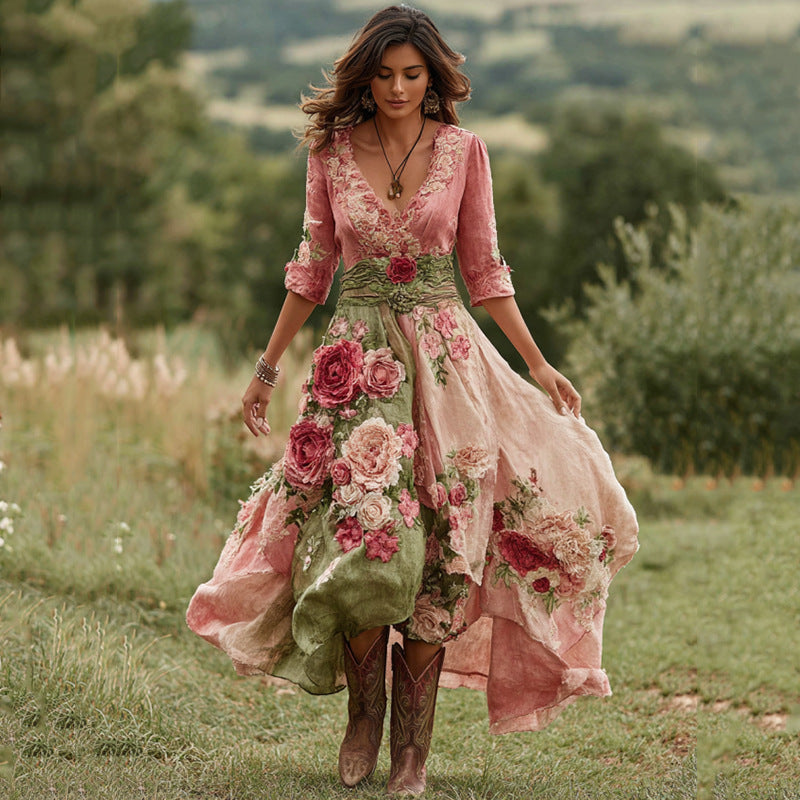 Womens Stylish And Elegant Floral Long-sleeve Dress