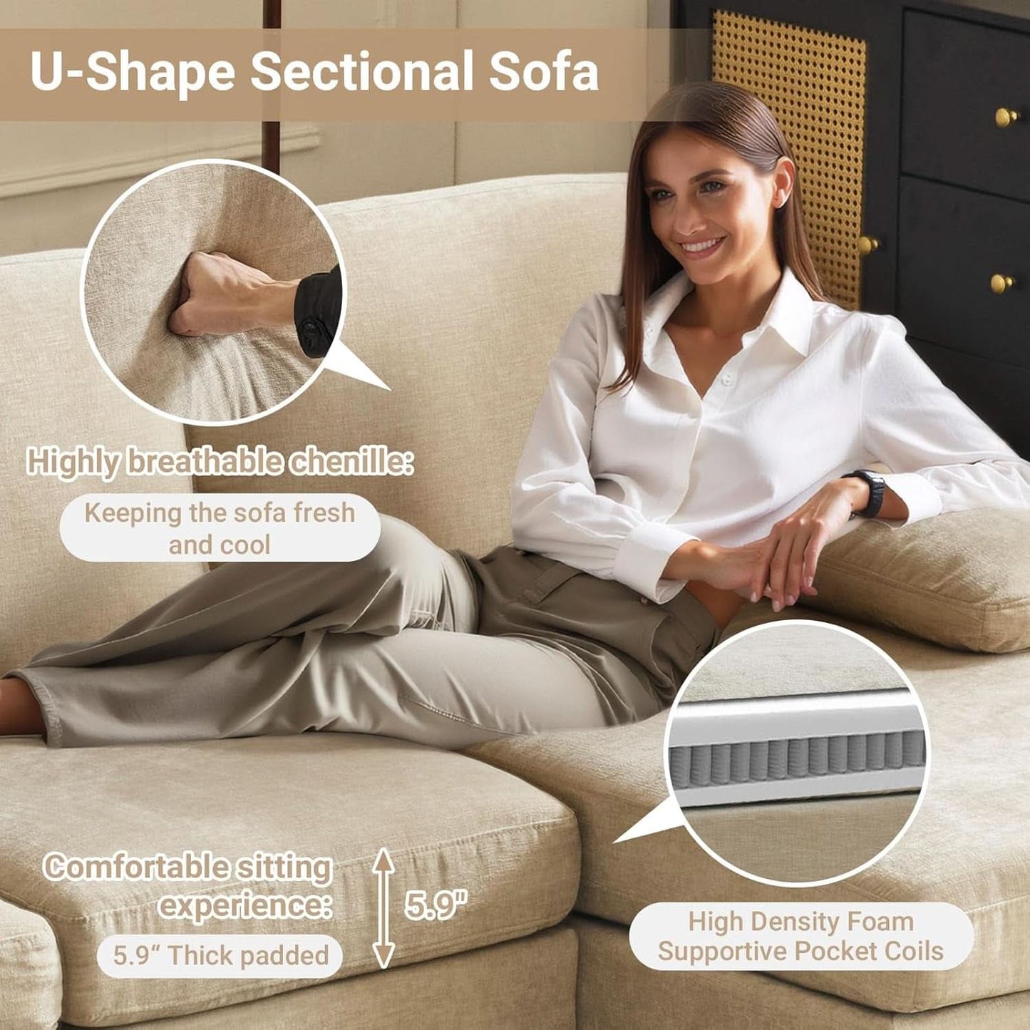 Light Khaki 110 Inch U Shape Sectional Sofa Double Chaise