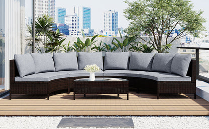 Outdoor Sectional Set PE Rattan Steel Gray Half Moon 5 Piece 350 LB