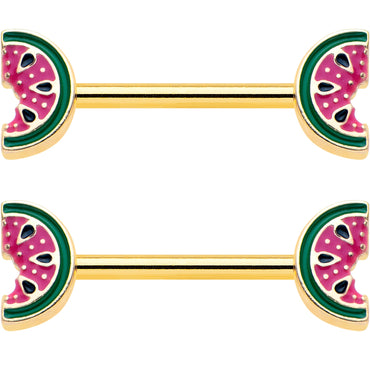 14G 9/16 Gold Tone Watermelon Bite Barbell Nipple Ring Set