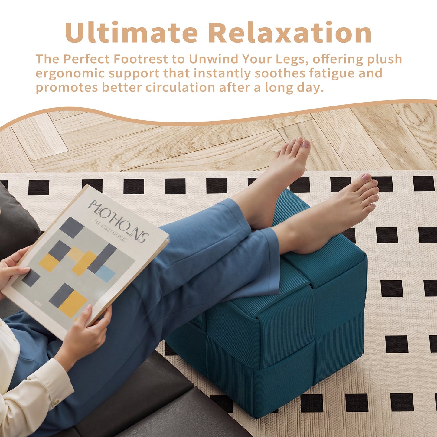 Square Corduroy Ottoman Foot Rest with Soft Comfort and Sturdy Design in Blue,