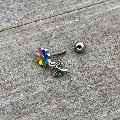 16G 1/4 Clear Gem Pride Rainbow Flower Dangle Cartilage Tragus