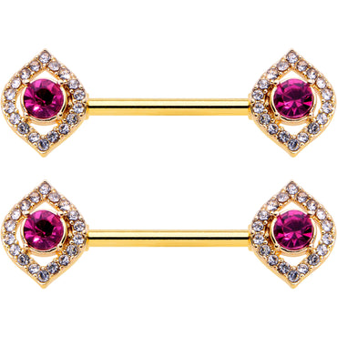 14G 9/16 Clear Pink Gem Gold Tone Open Eye Barbell Nipple Ring Set