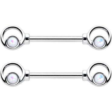14G 1/2 White Faux Opal Double Circle Barbell Nipple Ring Set