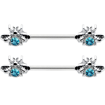 14G 9/16 Blue Gem Bee Beautiful Insect Barbell Nipple Ring Set