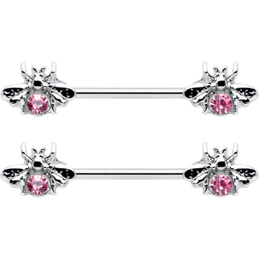 14G 9/16 Pink Gem Bee Beautiful Insect Barbell Nipple Ring Set