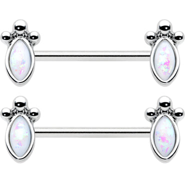 14G 9/16 White Faux Opal Deco Ovals Barbell Nipple Ring Set