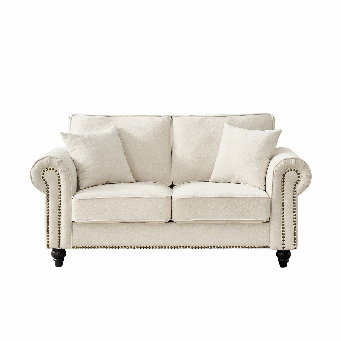Loveseat Chenille Beige Rolled Arms Nailhead Trim 63 In 700 LB