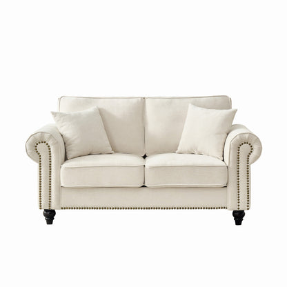 Loveseat Chenille Beige Rolled Arms Nailhead Trim 63 In 700 LB