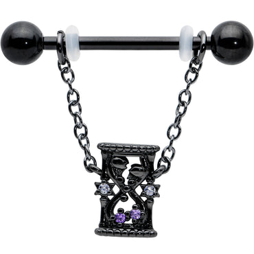 14G 5/8 Purple Gem Black Goth Hourglass Chain Dangle Nipple Ring Set