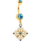 Blue Gem Gold Tone Texture Emblem Dangle Belly Ring
