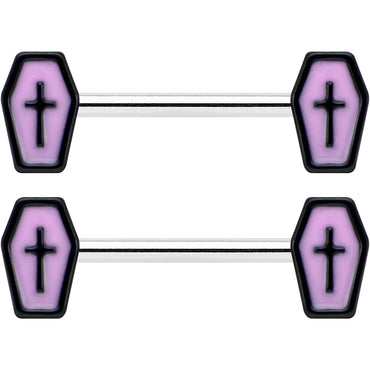 14G 9/16 Creepy Coffin Lt Purple Glow in the Dark Nipple Ring Set